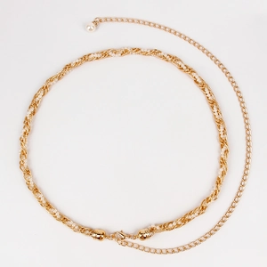 Women Elegant Gold Metal Belt With White Faux Artificial Pearls Decorative Chain For Dresses Party Dating Fashion Waist Chain