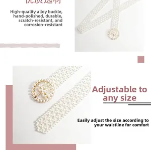 Detail of durable alloy buckle and hand-polished pearl belt for adjustable waist size
