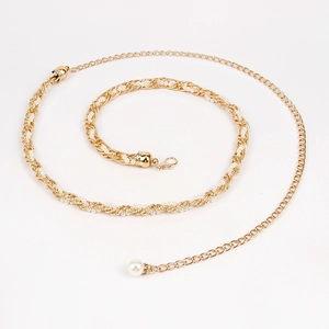 Elegant gold metal waist chain with intertwined white pearls for summer dress decoration