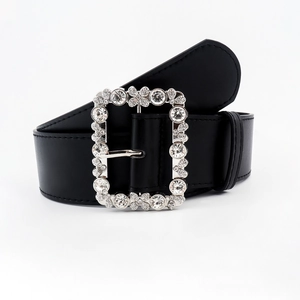 Women black leather belt with sparkling rhinestone square buckle for jeans and dresses