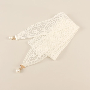 Elegant off-white lace waist belt featuring delicate floral patterns and pearl pendants