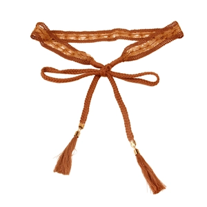 Bohemian brown woven lace waist belt with tassel pendants and gold metal accents