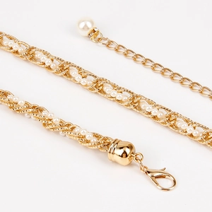 Elegant gold metal waist chain for women with woven white pearls and lobster clasp
