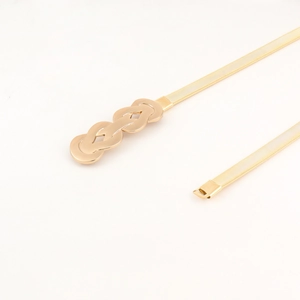 Détail macro d'une chaîne de taille dorée élastique avec boucle en métal poli