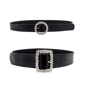 Women Fashion PU Leather Belt Rhinestone Alloy Pin Buckle Black Waist Strap For Jeans Dress Casual Party Jewelry Accessories