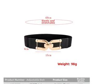 Detail view of 6cm wide black elastic belt with 15cm gold buckle for dresses