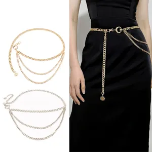 Women's Fashion Multi-Layer Metal Waist Chain Moon Star Sun Pendant Body Chain Belt Gold Silver Alloy Decorative Belt
