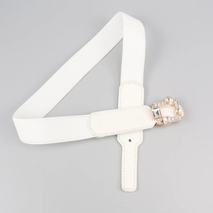 White elastic waist belt for women with sparkling rhinestone gold buckle detail
