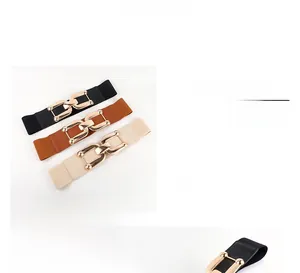 Detail of interlocking metal buckles on elastic wide waist belts for women in multi-colors