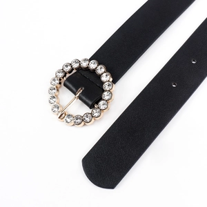 Chic black women's belt with a golden round buckle featuring sparkling rhinestones