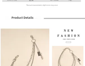 Detail showing multilayer punk waist chain specifications, metal material, and length info