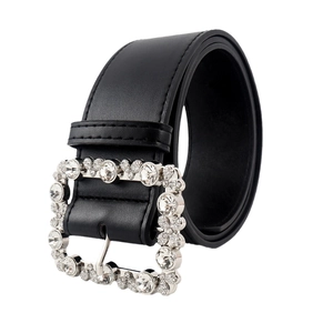 Women's black leather belt with a luxury rhinestone square buckle for jeans