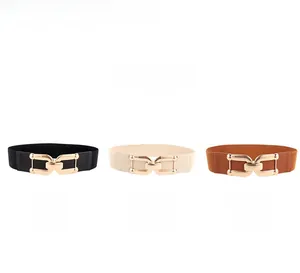 Close-up of elastic wide belts in black, beige, and brown with gold metal buckles