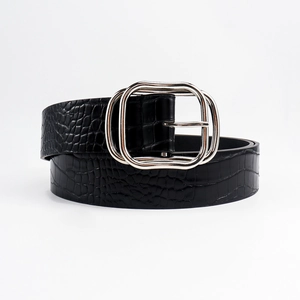Black faux crocodile leather belt with classic silver metal rectangular double buckle
