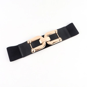 Close-up of a wide elastic waist belt featuring a polished gold double-ring buckle