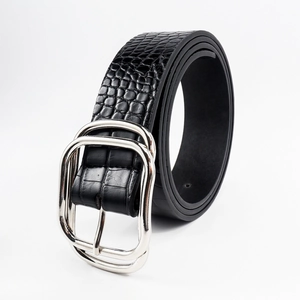Vintage black crocodile embossed PU leather belt with silver double-ring pin buckle