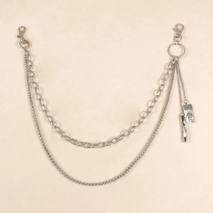 Close-up of silver punk trousers chain with double layers, MIND tag, and lobster clasps