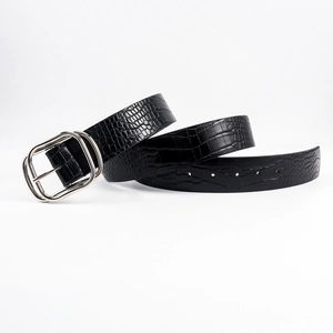 Elegant black crocodile-embossed leather belt with vintage silver double-frame pin buckle