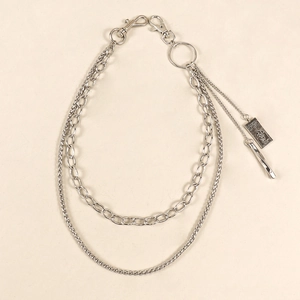 Double-layered silver punk waist chain with engraved tag and lobster clasps