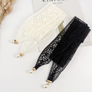 Elegant floral lace hair clip set with pearl pendants in black and ivory colors