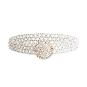 Elegant white pearl woven belt for women with decorative round pearl buckle for dresses