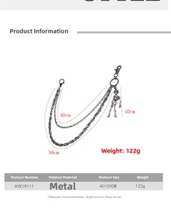 Chaîne de pantalon double couche noir fusil avec pendentif crâne et mesures de 40 cm et 50 cm