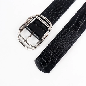 Classic black faux crocodile leather belt with a minimalist silver rectangular buckle
