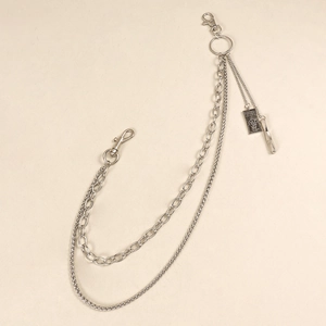 Silver multi-layer punk pants chain with engraved metal tag and lobster clasps