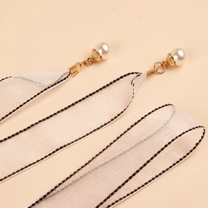 Elegante cinturón de organza blanca con lunares negros y colgante de perla para vestidos