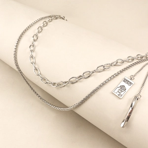 Three-layer silver punk hip-hop waist chain with MIND tag and geometric bar pendant