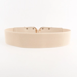 Detailed view of beige elastic wide waist belt with elegant pale gold metal buckle closure