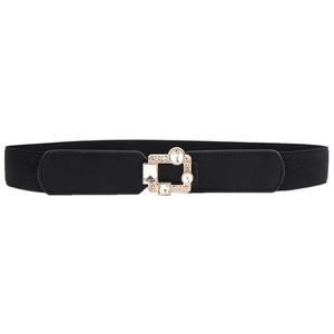 Women's black elastic waist belt featuring a square gold buckle with luxury rhinestones