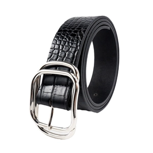 Classic black faux crocodile leather belt with a minimalist silver rectangular buckle