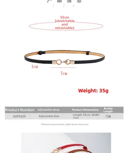 Detailed size guide for adjustable thin waist belt showing length, width and buckle dimensions
