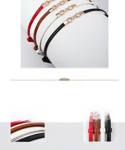 Detail of four thin fashion belts showing stitching and gold alloy ring buckle