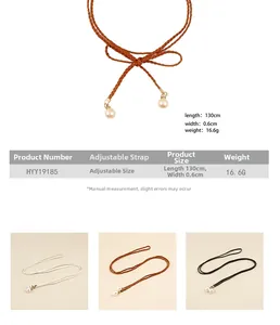 Detail of woven rope belt with pearl charms in three colors showing 130cm length