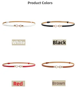 Detail showing white, black, red, and brown slim leather belts with gold metal buckles