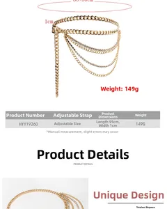 Détail d'une ceinture chaîne dorée multicouche avec strass et longueur réglable de 95cm