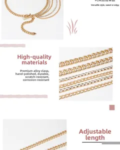Détail d'une ceinture chaîne dorée multi-rangs avec strass et boucle en alliage ajustable