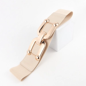 Detail of beige high-elastic waist belt featuring a decorative gold chain metal buckle