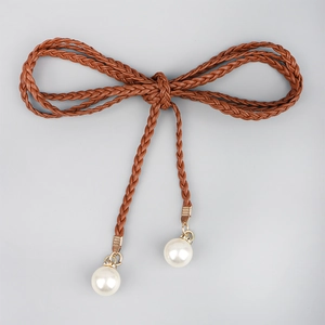 Women Elegant Braided Waist Chain Faux Artificial Pearl Pendant Bohemian Style Adjustable PU Leather Waist Rope For Dresses Accessories