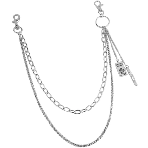 Silver multi-layer punk hip-hop waist chain with engraved tag and lobster clasps