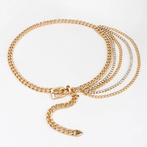 Women's multi-layer gold chain belt with sparkling rhinestones and buckle for dresses