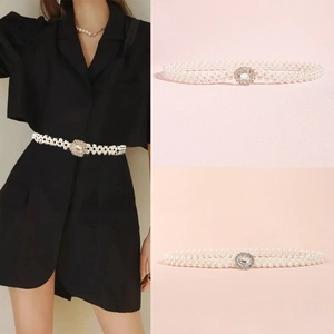Élégante Ceinture Chaîne de Künstliche Perles pour Femmes Doux Nœud Strass Fleur Boucle Ceinture Décorative Élastique pour Robe
