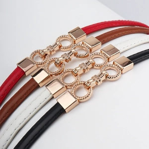 Women Fashion Skinny Belt Alloy Interlocking Buckle Adjustable PU Leather Waist Strap Decorative Belt For Dress Coat
