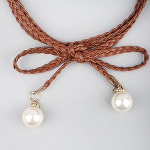 Bohemian braided waist belt with brown rope bow and large pearl pendants with rhinestones