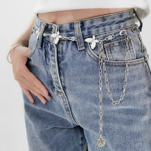 Close-up of silver butterfly waist chain with sparkling rhinestones and rose charm