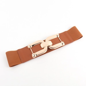 Close-up of caramel brown wide elastic waist belt with a golden double ring interlocking buckle