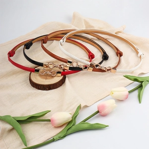 Elegant thin leather waist belts for women with gold double ring buckles in four colors