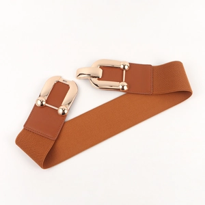 Detail of a brown elastic wide belt featuring a decorative golden metal buckle on white